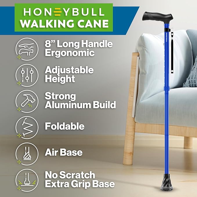 HONEYBULL Walking Cane for Men & Women – Foldable, Adjustable, Lightweight Cane with Air Cushion Tip for Stability & Ergonomic Grip, Heavy Duty Walking Sticks for Seniors