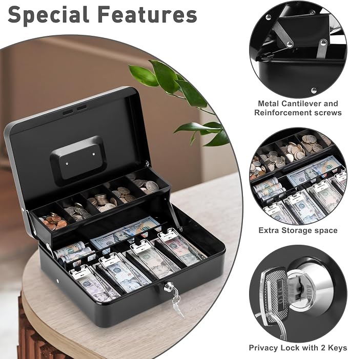 KYODOLED Cash Box with Key Lock–0.7mm Thick Metal Money Box for Flea Market Vendors, Craft Fairs & Small Business–Portable Cash Drawer with Auto-Pop Coin Tray & Windproof Bill Clips (11.8", Black)