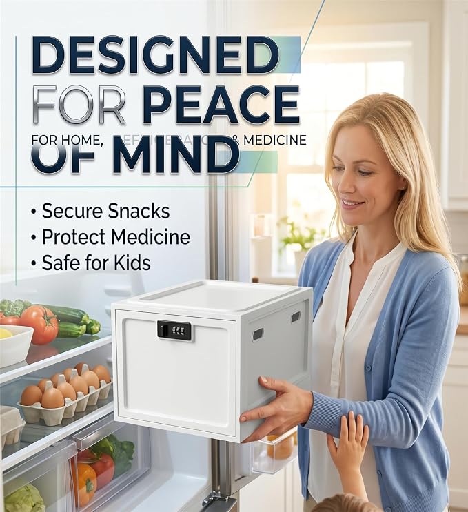 Medicine Lock Box for Safe Medication, 10L Lockable Storage Box for Fridge/Snacks Food, Phone Lock Boxes with Combination Code for Home/Dorms/Office Storage (1, Milky White)