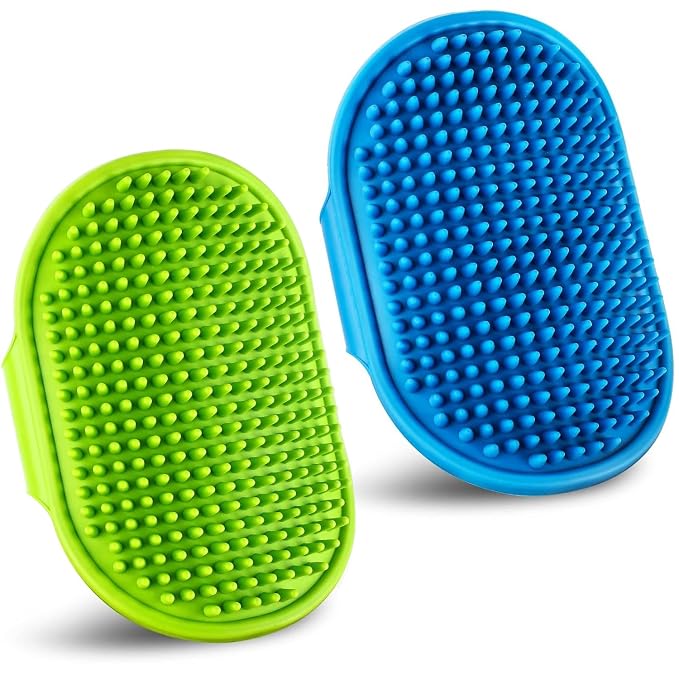 Dog Grooming Brush, Pet Shampoo Bath Brush Dog Grooming Shedding Brush Soothing Massage Rubber Comb with Adjustable Ring Handle for Long Short Haired Dogs and Cats 2pcs