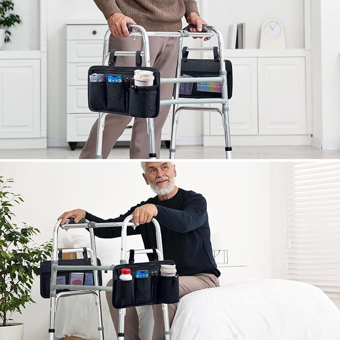 BAGSFY 2-Pack Walker Side Bag, Universal Walker Accessories with Cup Holder, Waterproof Folding Walker Organizer Caddy Pouch for Most Walkers with Side Bars, Double-Sided Storage for Seniors & Elderly