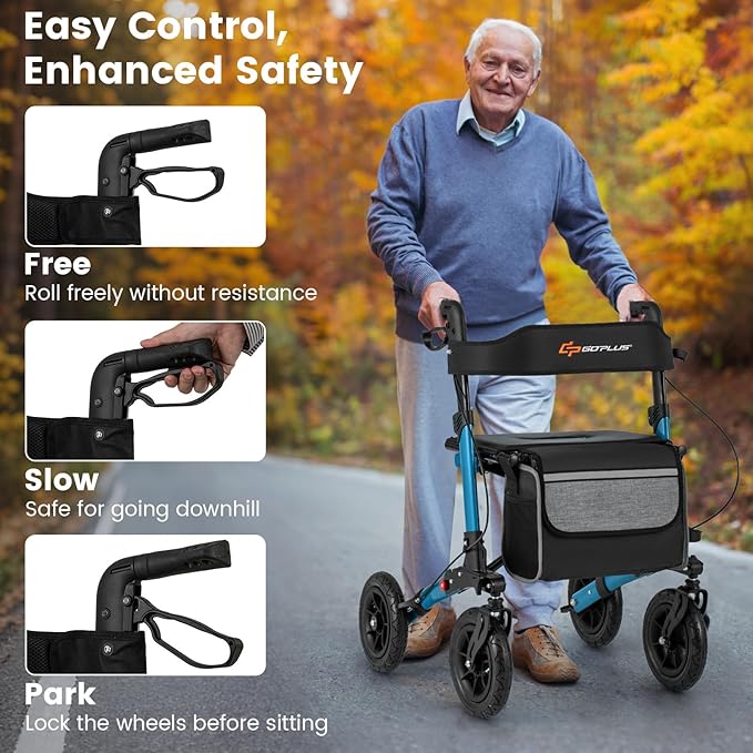Goplus Walkers for Seniors with Seat, 2 in 1 Folding Rolling Rollator Walker with 9" Pneumatic Tires for All Terrain, Height Adjustment, Ergonomic Backrest, Aluminum Adult Mobility Walking Aid