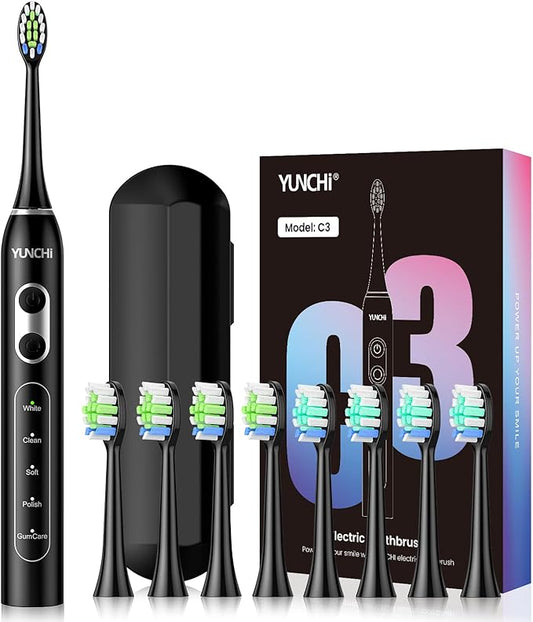 YUNCHI Electric Toothbrush Birthday/Valentine Plastic 8 Dupont Heads 24-Mo Deep Cleans Gentle Gums Removes Stains 3Hr USB-C 90d 2-Min Timer/30s IPX7 - Black