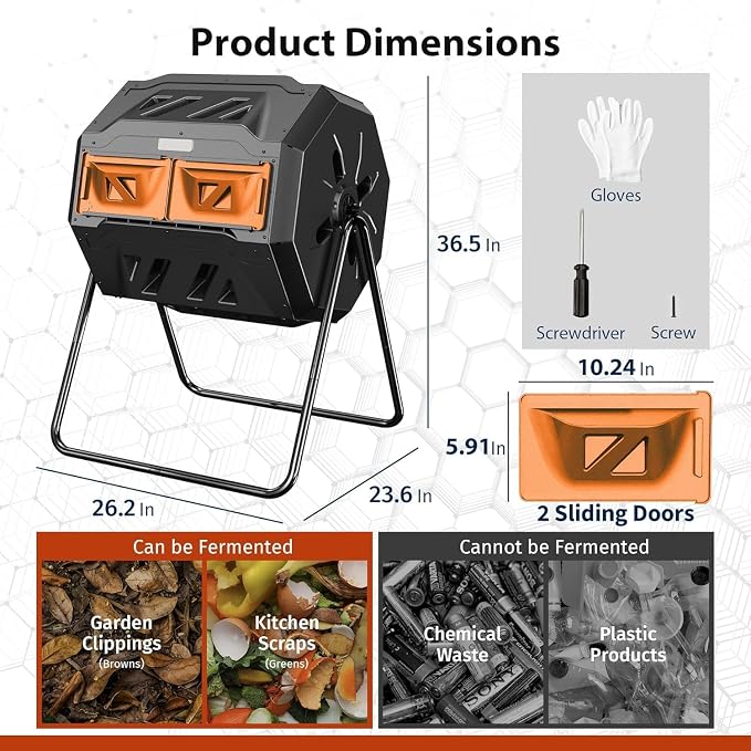 Compost Bin, 43-Gal Dual Chamber Composter Tumbler, Black Orange | Steel Frame with 2 Sliding Door and Aeration System, 360° Rotating, Tumbling Composting Bin for Kitchen, Garden, Yard
