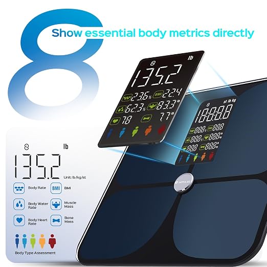 Lepulse Scale for Body Weight, Smart Digital Bathroom Weight Scale with BMI Body Fat Muscle Mass, 20 Body Composition Metrics,4.68"Large Display, Heart Rate, Accurate Bluetooth Weighing Scale with App