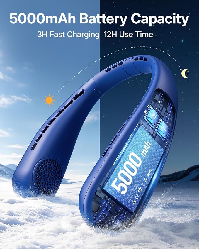 SHEWIND Portable Neck Fan - Hands Free Personal Fan, Rechargeable Bladeless Fan with 5000mAh-Battery, Digital Display, 4 Speeds, Birthday Gifts for Men, Women, Mom, and Dad - Blue