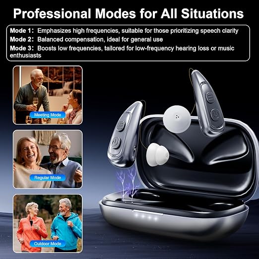 Hearing Aid for Seniors，OTC 32 Channel 5 Volume Hearing Amplifier with Rechargeable Case & Noise Cancelling Phones Sound Cleaner，Invisable Ergonomic Auto-On/Off Digital Hear Aid for Dryer Hear Loss (Light Sliver)