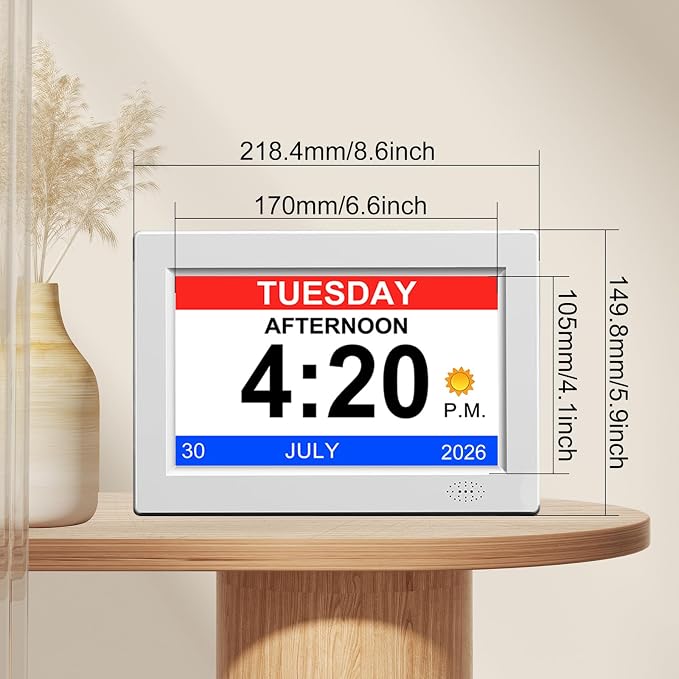 8Inch White Digital Dementia Clock, Large Display Calendar Clock, 15 Medication Reminders, Auto DST, Auto Brightness Adjustment, Equipped with Remote Control