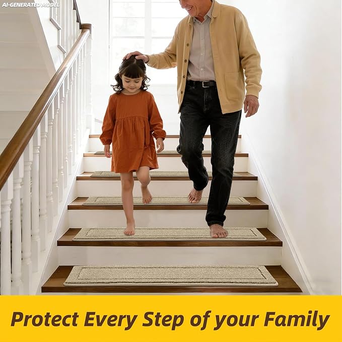 JSEI Stair Treads for Wooden Steps Indoor, 15-Pack, 30" x 8", Beige | Non Slip Stair Treads, Washable Polyester Stair Mats with TPE Backing, Low Profile Stair Rugs for Kids, Seniors and Dogs