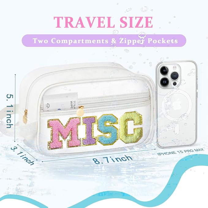 COSHAYSOO Clear MISC Makeup Bag Miscellaneous Stuff Organizer, Small Preppy Chenille Letter Patch Cosmetic Zipper Pouch, Toiletry Make Up Travel Purse Gifts for Teen Girls Women Daughter Sister