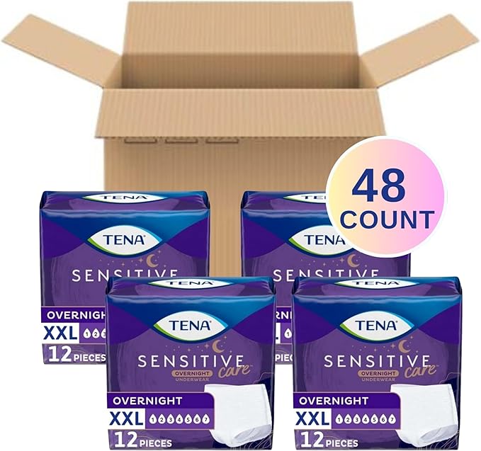 TENA Sensitive Care Overnight Incontinence Underwear for Women, Bladder Control and Postpartum, XXL, 48 Count (Waist size 47in-66in)