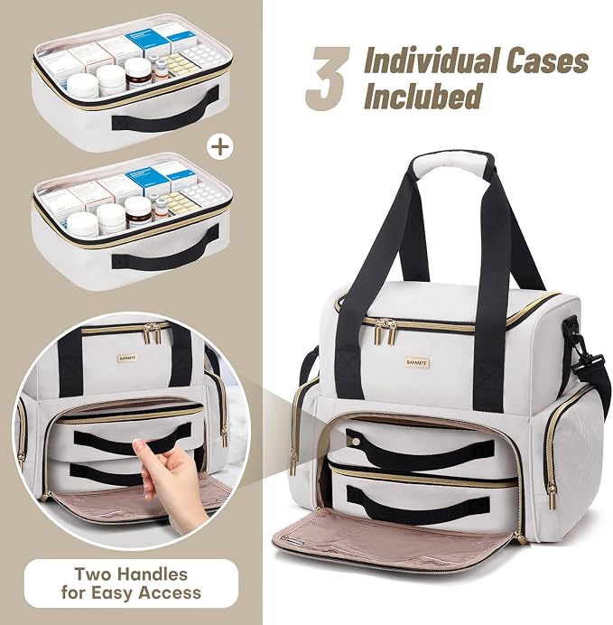 BAFAMYE Large Medicine Storage Bag with 2 Removable Cases, Medicine Storage Bag with Multiple Storage Sections,with Shoulder Strap,Suitable for Travel or Home,Beige