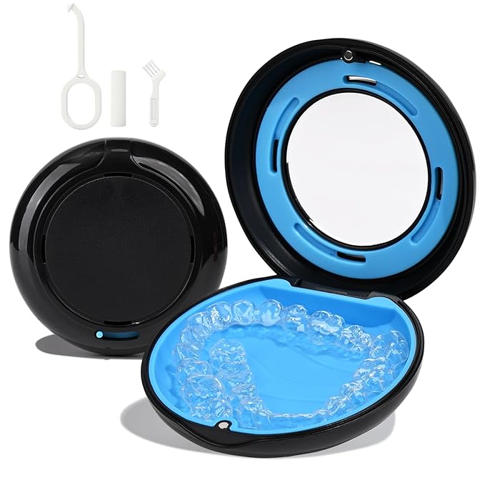 HEMILAB® Retainer Case, Slim Aligner Case with Mirror, Compatible with Invisalign, Cute Retainer Orthodontic Box with Vent Holes, Black