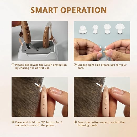 Hearing Aids For Seniors - Rechargeable Hearing Amplifier For Seniors Noise Reduction,4 Modes,Adjustable Volume, Comfort Design and Nearly Invisible,Behind The Ear,With Charging case（Dark Beige）