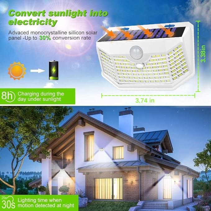 HMCITY 120 LED Solar Lights Outdoor with Motion Sensor and 3 Lighting Modes, IP65 Waterproof Wide Solar Wall Lights Ideal for Garden Patio Yard (Front Button 2Packs, White Shell-Daylight White)