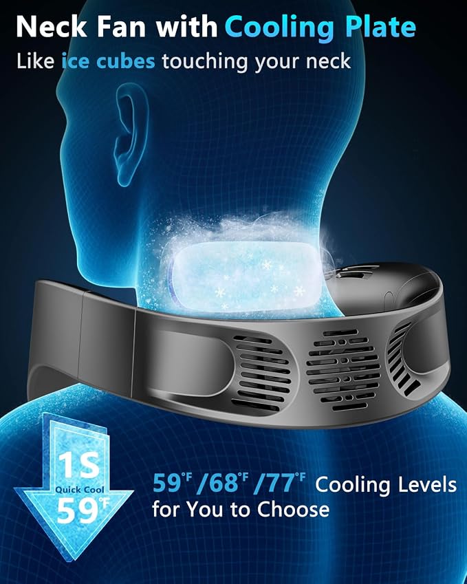 FWV Neck Fan with Cooling Plate, Quiet 30dB, 3-24Hrs Cooling,5500mAh Battery,LED Display Necklace AC Cooler, USB Bladeless Portable Personal Wearable Fans that Blow Cold Air for Men Women Kids Black