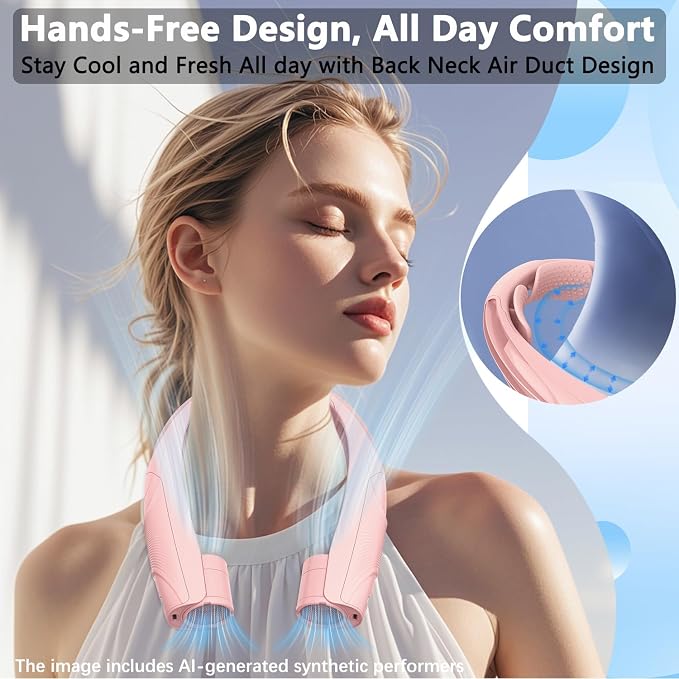 Neck Fan, 6000mAh USB Rechargeable Hands Free Personal Fan, 6 Speeds Adjustable Portable Neck Fans, Faster Cooling Wearable Fan, Ultra Quiet for Outdoor, Travel, Home, Office - Pink