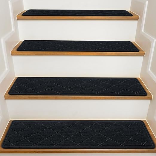 Stair Treads for Wooden Steps Indoor, KOOTETA 15 Pack 8" X 30" Non Slip Carpet Stair Treads with Reusable Adhesive for Elders and Dogs, Surface Polyester TPR Backing Stair Rugs, Black