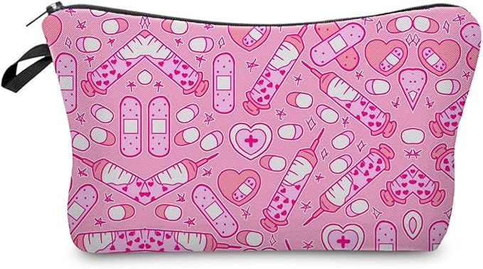 Livel lhood Pink Medical Supplies Small Makeup Zipper Bag | Pink Medical Supplies Printed Cosmetic Organizer Pouch, Medical Theme Gift for Women Friends