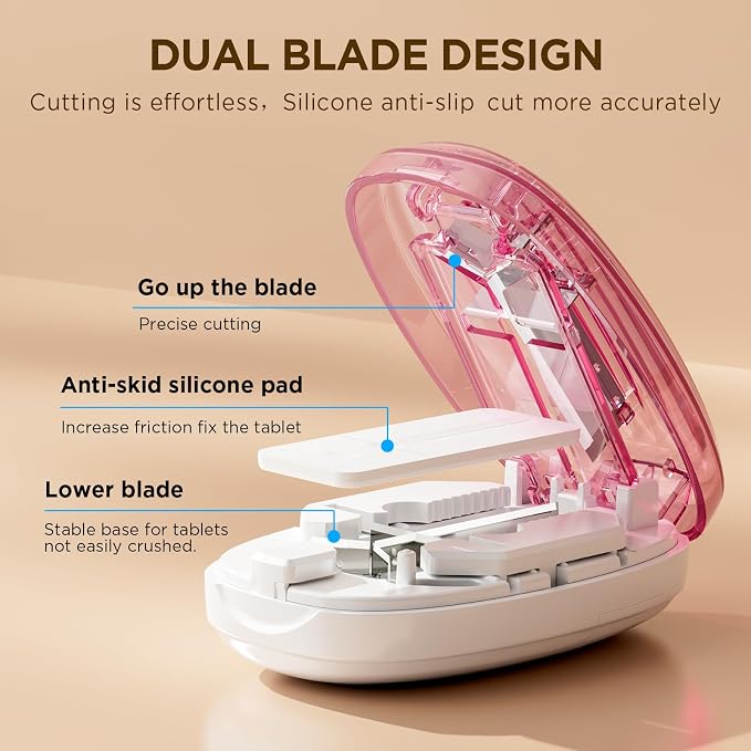 Pill Cutter Splitter for Small and Tiny Pills, 1/2 1/4 Pill Splitter for Small Pills,Tablets in Half or Quarters, Accurate and Easy Cutting, Stainless Steel Blade, Back Storage (Pink)