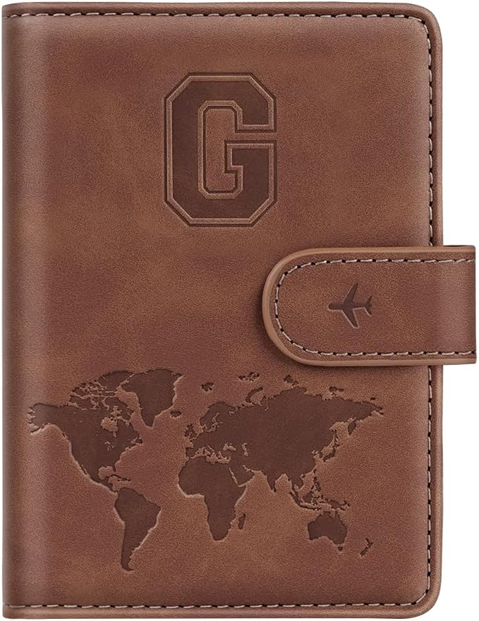 Passport Holder Wallet Cover Personalized Initial Travel Essentials | Embossed Letter A-Z Design, Travel Wallets, RFID Blocking, Passport Book Holders, Women Men, Personalized Gifts, Brown-G