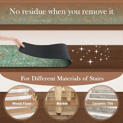 OJIA Insect Non-Slip Stair Treads for Wooden Steps 4PC 30"X8" Stair Runners | Indoor Anti-Slip Stair Rugs Safety Mats for Dogs, Kids & Elders, Rubber Backed Stair Treads Stair Covers, Green
