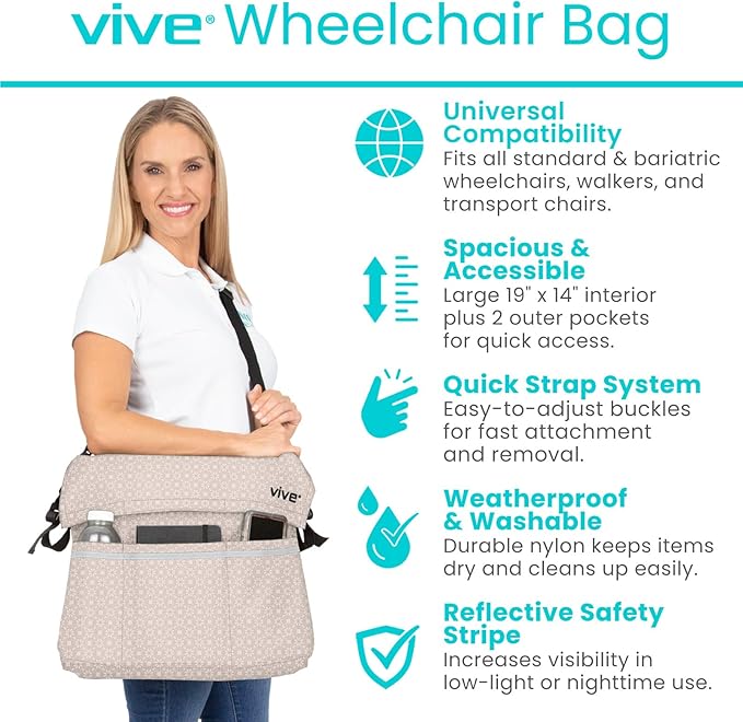Vive XL Wheelchair Accessories Bag - Waterproof, Scratch-Resistant, Double-Stitched, Machine Washable for Adults, Seniors, 15 Colors - Storage Walker Backpack to Hang on Back