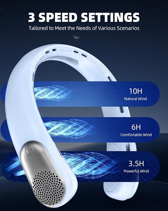 Neck Fan, Portable 4000 mAh Battery Operated Personal Fan with LED Display, 3 Wind Speed, Fast Cooling, Fast Cooling,USB Rechargeable Fan for Women Outdoor Light Blue