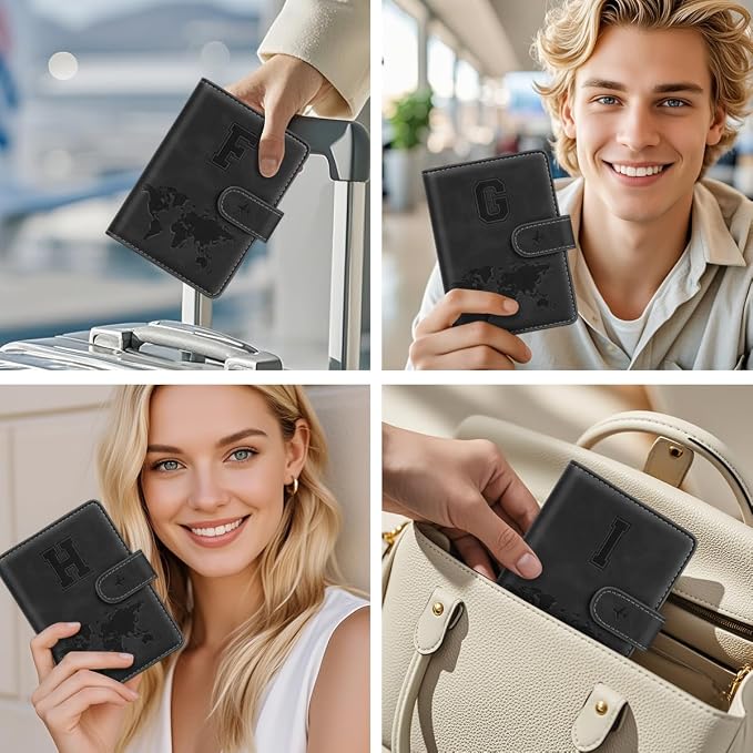 Passport Holder for Travel Essentials Personalized Initial Wallets | Embossed Letter A-Z Design, RFID Blocking, Passport Cover, Passport Book Holders, Men Women, Personalized Gifts, Black-I