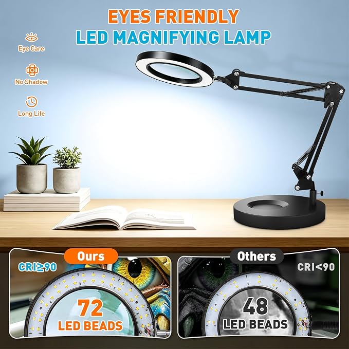KIRKAS 10X Magnifying Glass with Light and Stand, 2 in 1 Stepless Dimmable | LED Desk Lamp with Clamp, 3 Color Modes Lighted Magnifier Swivel Arm Light for Reading, Craft, Close Works - Black