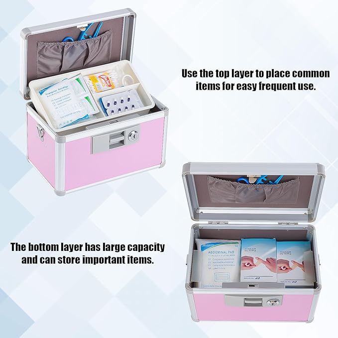 Medicine Box, First Aid Safe Medication Storage Box,Layered Aluminum Daily Medicine Cabinet,10.2" x 6.2" x 7.7", Pink