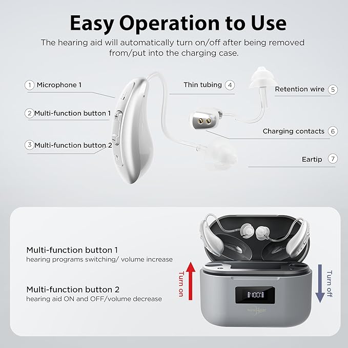 Rechargeable OTC Hearing Aids for Seniors & Adults （NewHear ）16-Channel Digital Sound, Smart Noise Cancellation, Super Mini Invisible BTE Design, Charging Case, 5-Day Battery, Light Gray
