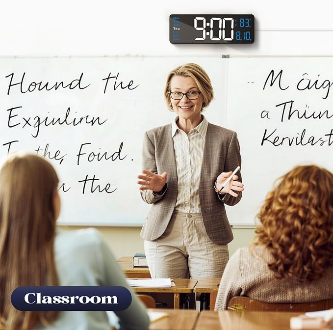 Digital Wall Clocks for Classroom, 16" Large Display Digital Electric Clock with Remote Control, Date, Week, Alarm, Temperature, Night Light for Living Room, Bedroom, Gym, Office(Blue)