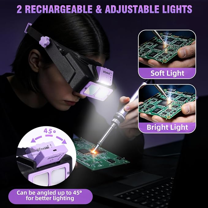 Dilzekui Rechargeable Magnifying Glasses for Close Work 1.5X to 3.5X Lenses | with Adjustable Light,Opitcal Acrylic Lens, Lightweight Magnify Headset, Handsfree Head Magnifier for Jewelers Hobbies Crafts