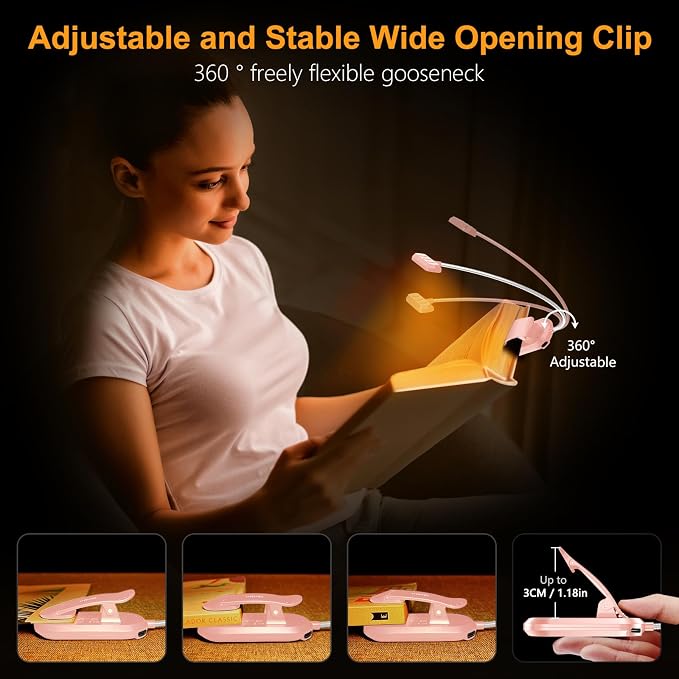 Gritin Rechargeable Book Light for Reading in Bed with 19 LED | Eye Caring 3 Color Temps, 5 Brightness Levels, Memory Function, 90 Hrs Runtime Flexible Goose Neck Clip on Light-Pink