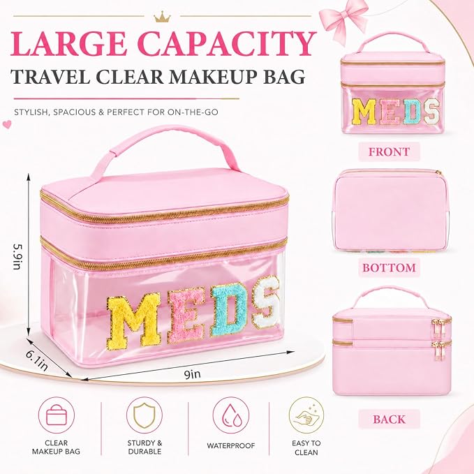 Geetery Double Layer Meds Makeup Bag with Chenille Letter, Clear Travel Medicine Bag for Women, Dual Compartment Cosmetic Organizer, Transparent Toiletry Pouch for Travel, Pink Pill Organizer Case