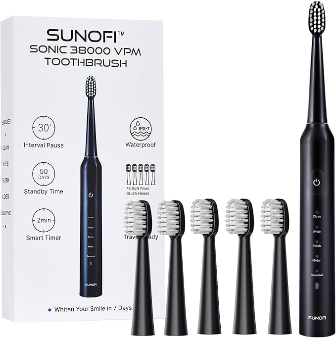 Sonic Electric Toothbrush Set for Adults, 5 Modes Rechargeable Toothbrush with 5 Brush Heads, 50-Day Battery Life, IPX7 Waterproof, 2-Min Smart Timer (Black)
