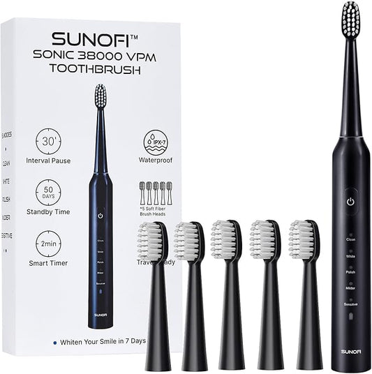 Sonic Electric Toothbrush Set for Adults, 5 Modes Rechargeable Toothbrush with 5 Brush Heads, 50-Day Battery Life, IPX7 Waterproof, 2-Min Smart Timer (Black)