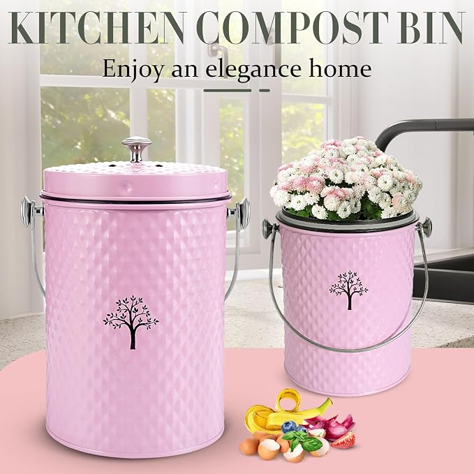 Countertop Compost Bin, Odor-Free Food Waste Container with 50 Bags | 1 Gallon Container,2 Carbon Filters,Compost Bucket, coffee grounds