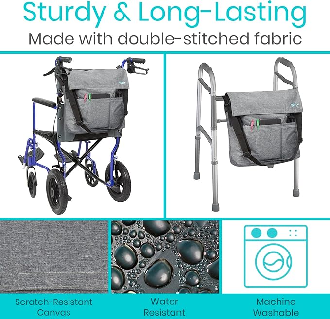 Vive XL Wheelchair Accessories Bag - Waterproof, Scratch-Resistant, Double-Stitched, Machine Washable for Adults, Seniors, 15 Colors - Storage Walker Backpack to Hang on Back