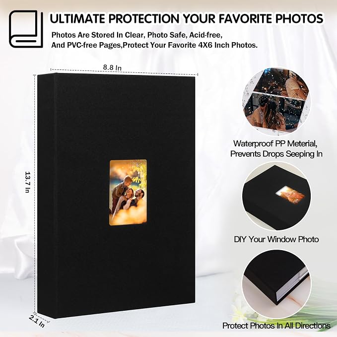 4x6 Photo Album Holds 360 Photos with Writing Space, Leather Cover Picture Book with Front Window for Family Wedding Baby Travel & Graduation Memories, Black