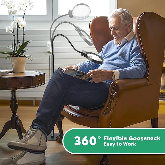 10X 30X Floor Magnifying Glass with Light and Stand,36 LED Flexible Gooseneck Magnifying Lamp, Adjustable Brightness Large Lighted Magnifiers for Reading,Sewing,Crafts,Painting,DIY,Close Work