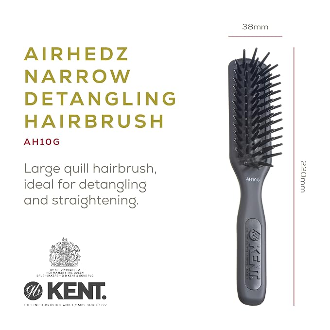 Kent AH10G Airhedz Pro Narrow Pin Hair Brush Narrow Cushion Paddle Brush - Taming Fat Pins, Detangling Long Thick and Curly Hair, Scalp Massager and Growth Stimulator for All Hair Types(Fat Pin, Grey)