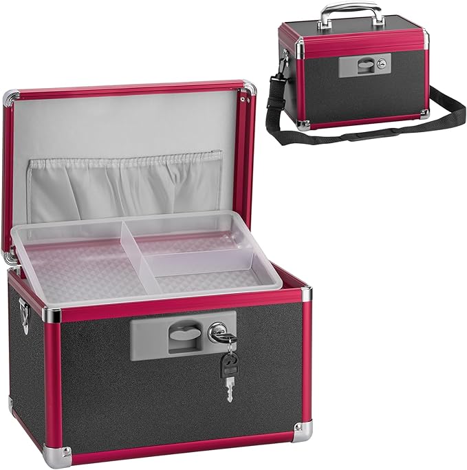 GODLONSEN Medicine Lock Box for Safe Medication - 13.4 x 7.6 x 8.2 Inches - Lockable Storage Box for Drugs, First Aid Kit Empty, Lock Boxes with Key for Home/Outdoor (Black & Red/Large)
