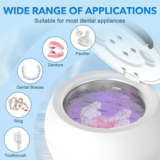 Dental Ultrasonic Retainer Cleaner - 48kHz Dental Cleaning Pod for Denture, Braces, Mouth Guard, Toothbrush Heads, Jewelry, 4 Modes Retainer Cleaner Machine with Digital Timer & 200ML,White