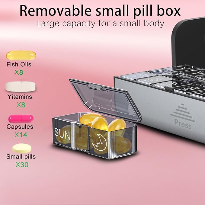 Pill Organizer, Weekly 2 Times a Day for 7 Day Leather Medicine Box Travel Container, Removable Am Pm Vitamin Case, Twice Daily Privacy Pill Holder, Portable Pillbox (Silver and Pink)