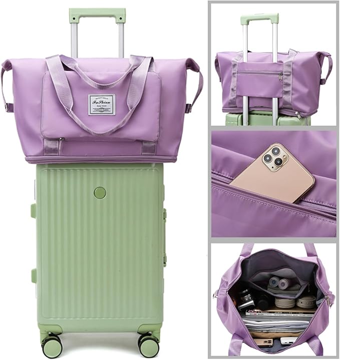 Large Capacity Folding Travel Bag, Lightweight Waterproof Luggage Bag, Expandable Travel Duffel Bag, Dry Wet Separated Gym Tote Bag, Weekender Overnight Bags for Women and Man (Light Purple)
