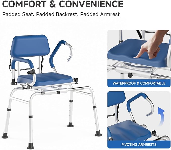 Sliding Shower Chair Tub Transfer Bench with Swivel Seat, Premium Padded Seat and Backrest, Pivoting Arms, Height Adjustable for Tubs, Inside Shower, for Handicap & Seniors，350 Lbs