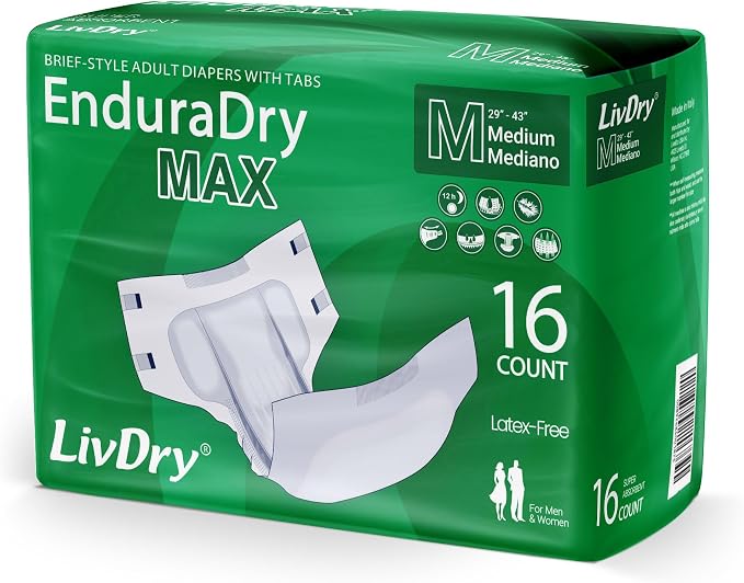 LivDry EnduraDry Max Adult Diapers with Tabs, Up to 12-Hours, Super Absorbent Incontinence Underwear, Leak Protection Briefs, Medium, 16-Pack