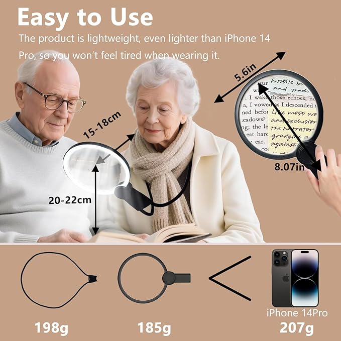 6X Hands-Free Magnifying Glass with Light, Rechargeable Neck Magnifier 24 LED for Reading, Crafts, Cross Stitch - Adjustable Brightness for Low Vision Seniors & Close Work